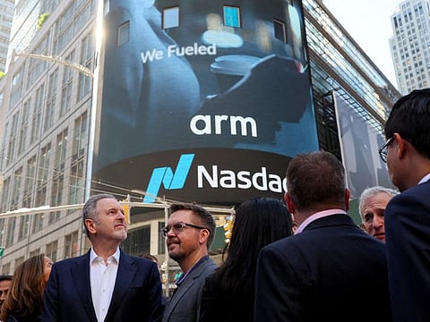 Arm executives and CEO Rene Haas gather outside Nasdaq Market site, as Softbank's Arm, chip design firm, holds an initial public offering (IPO), in New York.