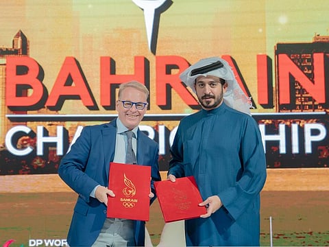 Highness Sheikh Khaled bin Hamad Al Khalifa is pictured with DP World Tour Chief Executive Keith Pelley at a special signing ceremony to announce the 2024 Bahrain Championship