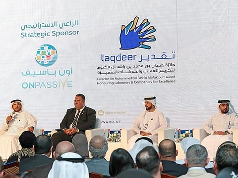 (from left) Major General Obaid Muhair Bin Suroor, Taqdeer Award Chairman, Engineer Mohamed Kamal, COO, Onpassive, Brigadier General Abdul Samad Hussein, Taqdeer Award Technical Advisor and Lieutenant Colonel Khalid Ismail, Taqdeer Aware Secretary General taking questions at the Taqdeer Awards press conference. 
