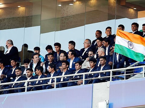 Indian Under-19 players during a felicitation after winning the World Cup in 2022.