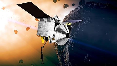 This illustration provided by NASA depicts the OSIRIS-REx spacecraft at the asteroid Bennu. On Sunday, Sept. 24, 2023, the spacecraft will fly by Earth and drop off what is expected to be at least a cupful of rubble it grabbed from the asteroid Bennu, closing out a seven-year quest.