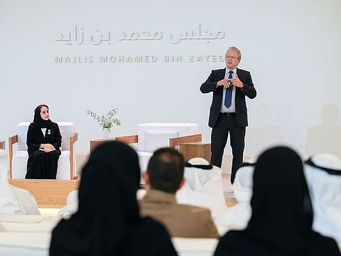 Professor Pasi Sahlberg while delivering a lecture at the Majlis Mohamed Bin Zayed in Abu Dhabi.