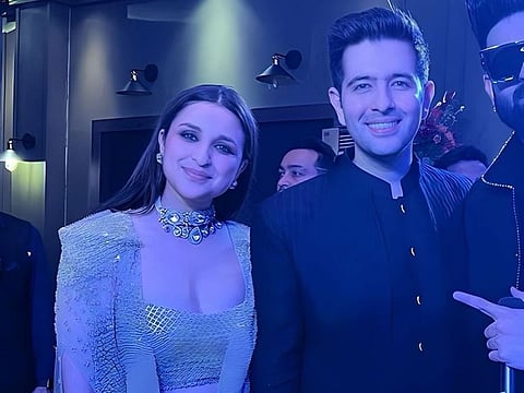 Bollywood actress Parineeti Chopra and Indian politician Raghav Chadha from their 'sangeet' ceremony ahead of their wedding, in Udaipur in Rajasthan.