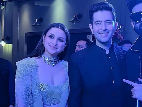 Bollywood actress Parineeti Chopra and Indian politician Raghav Chadha from their 'sangeet' ceremony ahead of their wedding, in Udaipur in Rajasthan.