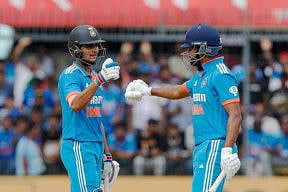 India's Shubman Gill and Shreyas Iyer celebrate their 50-run partnership during the second ODI against Australia at Inderjit Singh Bindra Stadium in Mohali on Sunday.