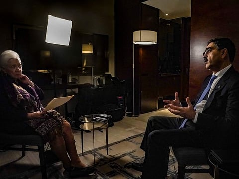 Associated Press reporter Edith Lederer  interviews Pakistan's interim Prime Minister Anwaar-ul-Haq Kakar during his visit for the United Nations General Assembly, on September 22, 2023, in New York.  