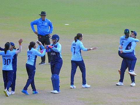 Indian women's cricket team celebrate their victory against Sri Lanka to win the gold medal at the Asian Games 2023, at Pingfeng Cricket Field in Hangzhou on Monday.