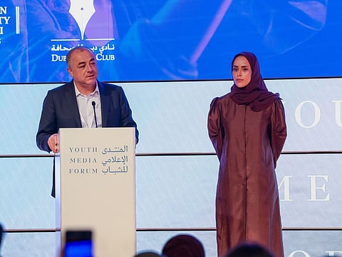 Dr Maitha Buhumaid (right), director of Dubai Press Club, and Elias Nicolas Bou Saab, vice-president of the American University in Dubai, announcing the launch of the 'DXB-Media Tech Fest', during the Youth Media Forum in Dubai on Monday. 