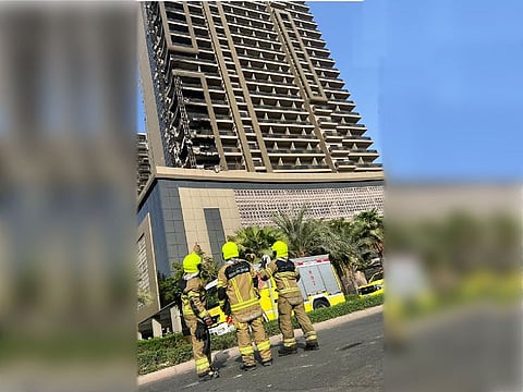 The pre-dawn fire hit a residential building at the Dubai Sports City on Monday, Sept. 25, 2023. The flames caused moderate damage to the property, according to a Dubai Civil Defence assessment.