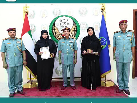 Two women, Amina Muftah Muhammad and Mitha Muftah Mohammed, were honoured by RAK Police, for coming to the aid of those involved in a traffic accident, ensuring their safety by helping them exit their vehicles before they could succumb to potential burns.