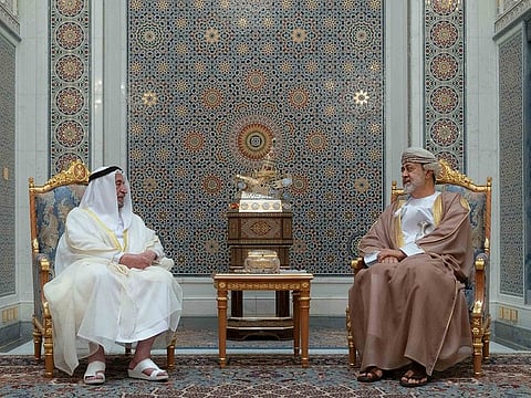 His Highness Dr Sheikh Sultan bin Mohammad Al Qasimi (left), Supreme Council Member and Ruler of Sharjah with His Majesty Sultan Haitham bin Tariq, Sultan of Oman, at Al Baraka Palace in Muscat on Tuesday