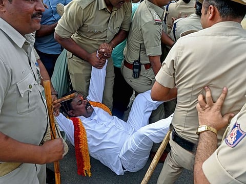 Members of various pro-Kannada organisations stage a protest during Bengaluru bandh called by farmers and Kannada organisations against the release of Cauvery river water to Tamil Nadu, at Freedom Park in Bengaluru on Tuesday, September 26, 2023.