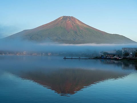 Mt. Fuji by Lake Yamanaka in Yamanakako, Yamanashi Prefecture, Japan.
