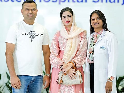 Shahil Rahaman Khan, mum of two (centre), was staycationing with her husband Naiyer Alam and other family members when she suffered a cardiac arrest. On her right is Dr. Yogeeswari Vellore Satyanarayanan, Specialist Cardiologist, who treated her at the Aster Hospital Sharjah.