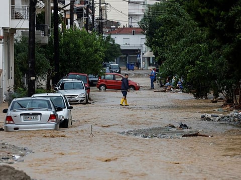 A view of a flooded street amid storm Elias in the city of Volos on September 28, 2023. 