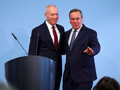 German Defence Minister Boris Pistorius and Israeli Defence Minister Yoav Gallant at a joint press conference in Berlin on  September 28, 2023. 