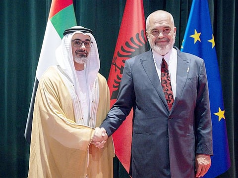 Crown Prince of Abu Dhabi Khaled bin Mohamed bin Zayed meets with the Prime Minster of Albania Edi Rama during a working visit to Tirana. 