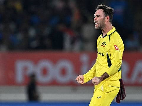Australia's Glenn Maxwell celebrates after taking the wicket of India's Shreyas Iyer during the third and final One-Day International against India.
