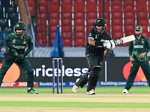 New Zealands Rachin Ravindra (centre) plays a shot during a warm-up match against Pakistan ahead of the ICC Mens World Cup in Hyderabad on Friday.