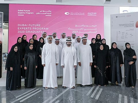 Sheikh Hamdan bin Mohammed bin Rashid Al Maktoum (centre front), Crown Prince of Dubai, Chairman of The Executive Council and Chairman of the Board of Trustees of the Dubai Future Foundation, with the graduates