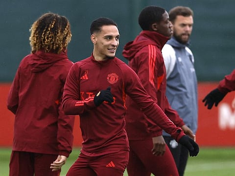 Manchester United's Antony during a training session at the Trafford Training Centre, Manchester, on Monday.