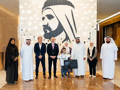 Legendary football icon Michel Salgado, AIX's President of the Board Fadi Dabbagh and Al Jalila Foundation's CEO Dr. Amer Al Zarooni, Rashed Al Mohtadi, Business Development Manager unite to transform Abdul Rahman Zararga’s  future