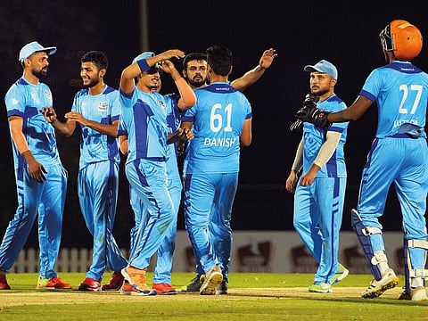 Marvels players celebrate a dismissal during their seven-wicket win over Pearls in the ILT20 Development Tournament.