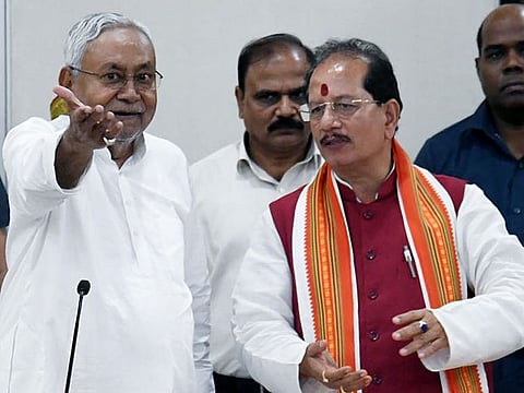 Bihar Chief Minister Nitish Kumar with BJP Leader of opposition Vijay Kumar Sinha during all parties meeting, regarding caste-based census survey report, at CM Secretariat in Patna on October 3, 2023. The BJP has projected itself as a champion of the somewhat neglected OBCs. But with the Bihar caste survey, several observers feel it is on the backfoot. 