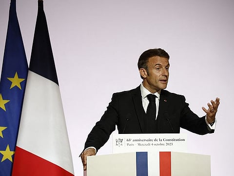 French President Emmanuel Macron gives a speech to mark the 65th anniversary of the 1958 French Constitution at the Conseil Constitutionnel (Constitutional Council) in Paris, France, October 4, 2023. 