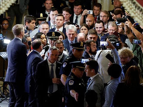  US House Speaker Kevin McCarthy (R-CA) walks back to the Speaker's office after a motion to vacate the chair of Speaker of the House and end McCarthy's continued leadership passed by a vote of 216-210, at the US Capitol in Washington om October 3, 2023. 