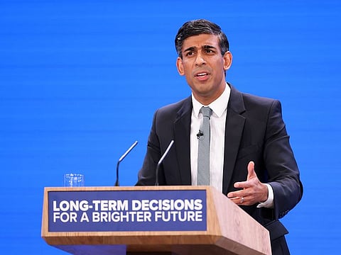 Rishi Sunak, UK prime minster, delivers his keynote speech on the closing day of the UK Conservative Party Conference in Manchester, UK, on Wednesday, Oct. 4, 2023. 