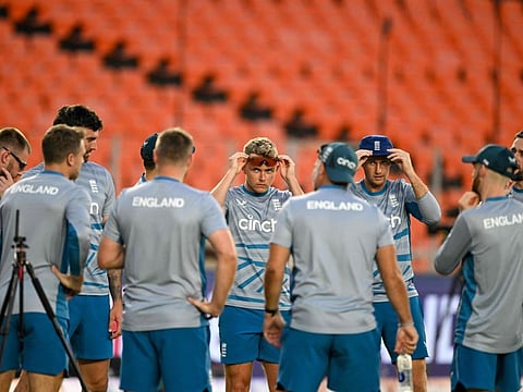 England's players attend a practice session on the eve of their 2023 ICC men's Cricket World Cup match against New Zealand in Ahmedabad on Wednesday.