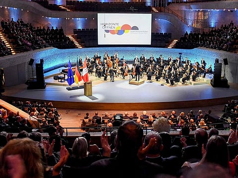 A ceremony to celebrate of the German reunification at the Elbpharmonie in Hamburg, Germany, on October 3, 2023. The reunification is celebrated as a national holiday in Germany, marked by various events and festivities. It is generally viewed with pride and as a symbol of progress.  