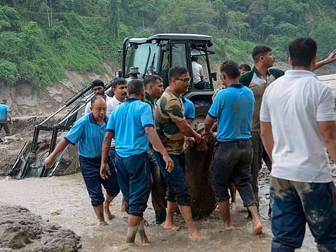 Rescue work continues after flash floods triggered by a sudden heavy rainfall swamped the Rangpo town in Sikkim, India, Thursday, Oct.5. 2023. 