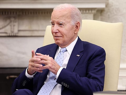 US President Joe Biden delivers remarks during a meeting on Ukraine in the Oval Office on October 05, 2023 in Washington, DC. 