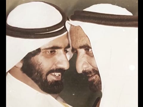 Sheikh Mohammed bin Rashid Al Maktoum (L) pays rich tributes to his father, Sheikh Rashid bin Saeed Al Maktoum, on his 33rd death anniversary