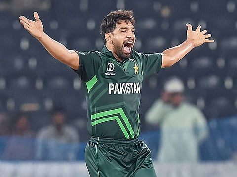 Pakistan's Haris Rauf successfully appeals for leg before wicket (LBW) against Netherlands' captain Scott Edwards during the 2023 ICC Men's Cricket World Cup ODI match at the Rajiv Gandhi International Stadium in Hyderabad on October 6, 2023.