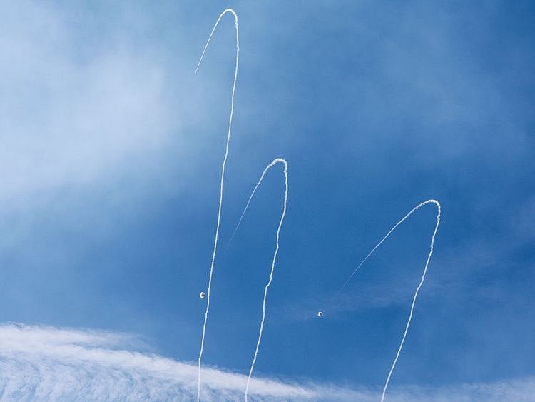 Israel's Iron Dome anti-missile system intercepts rockets launched from the Gaza Strip, as seen from Ashkelon in southern Israel October 7, 2023