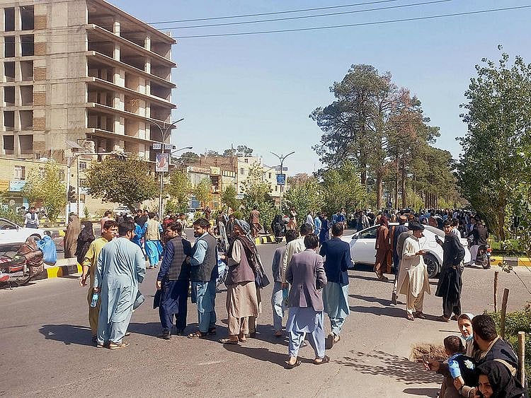 People gather on the streets in Herat after a magnitude 6.3 earthquake hit western Afghanistan on October 7, 2023.  