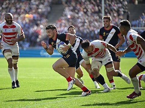 Argentina's left wing Mateo Carreras runs to score a try during the Rugby World Cup Pool D match against Japan at the Stade de la Beaujoire in Nantes, western France on Sunday.