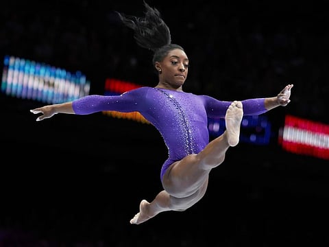 United States' Simone Biles competes on the beam during the apparatus finals at the Artistic Gymnastics World Championships in Antwerp, Belgium, on Sunday.