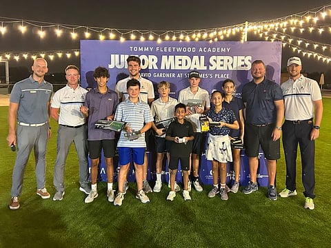Adam Stastny (Assistant Golf Services Manager), with Tommy Fleetwood Academy Professional, winners of the Junior Medal, and sponsor David Gardner