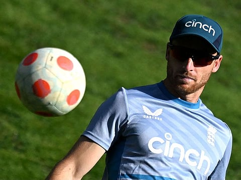 Englands captain Jos Buttler attends a practice session at the Himachal Pradesh Cricket Association Stadium in Dharamsala on Monday.