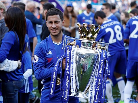 Chelsea's Eden Hazard celebrates with the trophy after winning Premier League : Britain Football Soccer - Chelsea v Sunderland - Premier League - Stamford Bridge - 21/5/17 