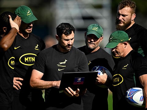 South Africas coaches lead a training session ahead of the quarter-final match against France at the Stade Omnisport in Croissy-sur-Seine in the outskirts of Paris on Tuesday.