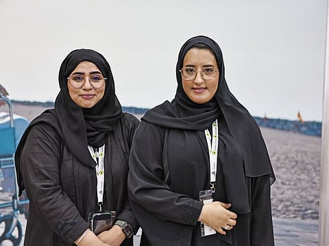 Sumaya Ebrahim Ali Mohamed Al Suwaidi (left) and Rafia Ali Mohammed Matar Al Falasi, who learned sign language, at AccessAbilities Expo in Dubai recently