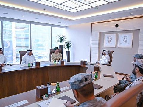 Sheikh Hamdan bin Mohamed bin Rashid Al Maktoum during meeting with National Guard Command at the Ministry of Defence.