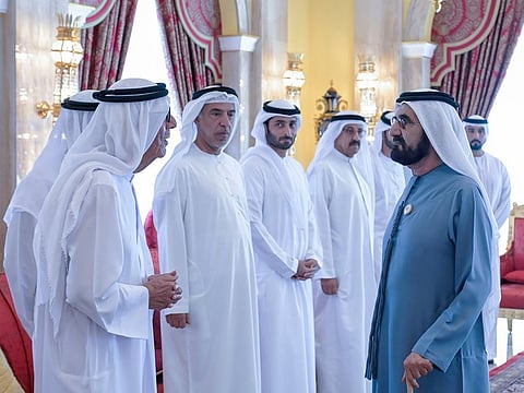 His Highness Sheikh Mohammed bin Rashid Al Maktoum (right), Vice President and Prime Minister of the UAE and Ruler of Dubai, with attendees at his Majlis at Za’abeel Palace on Tuesday