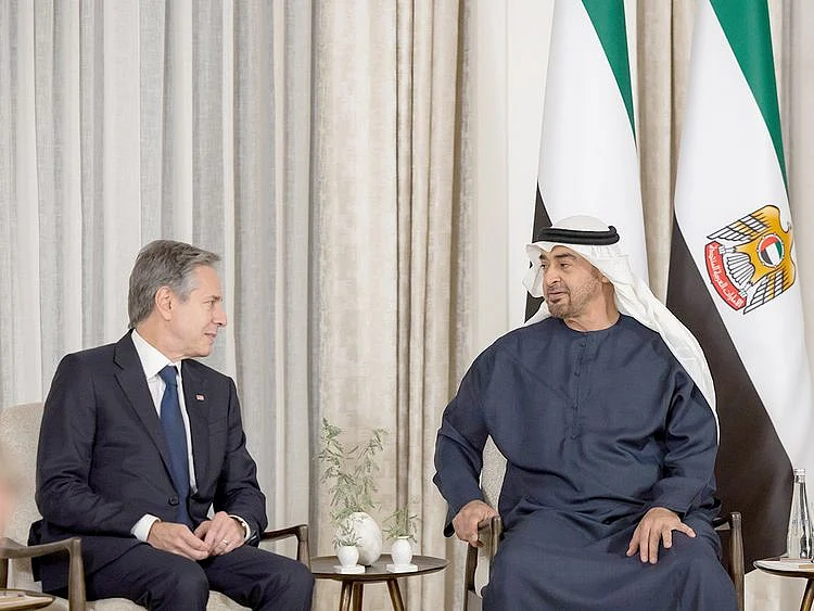 UAE President His Highness Sheikh Mohamed bin Zayed Al Nahyan (right), meets with Antony Blinken, United States Secretary of State, at Shati Palace, in Abu Dhabi. 