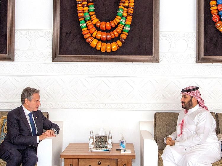 Saudi Crown Prince Mohammad Bin Salman during his talks with Blinken in Riyadh on Sunday.